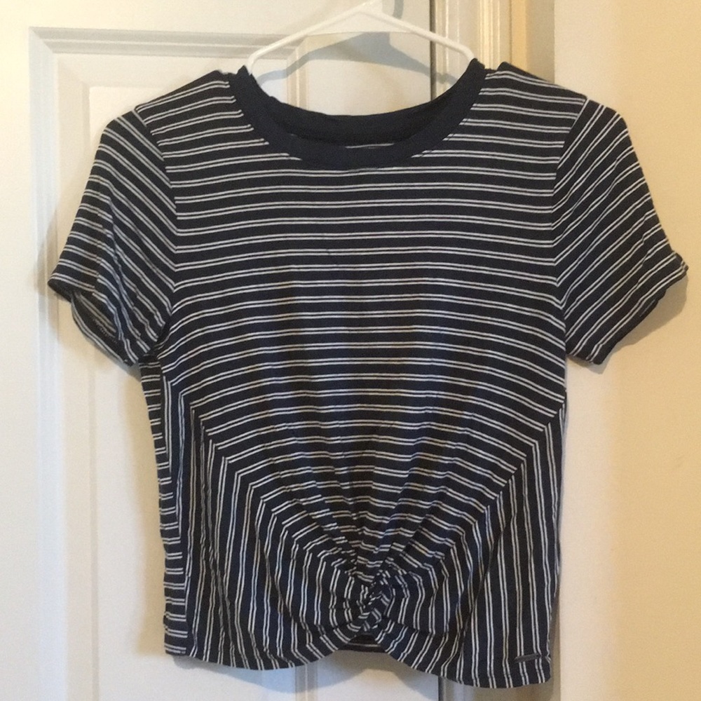 Hollister navy blue & white striped tie front tee